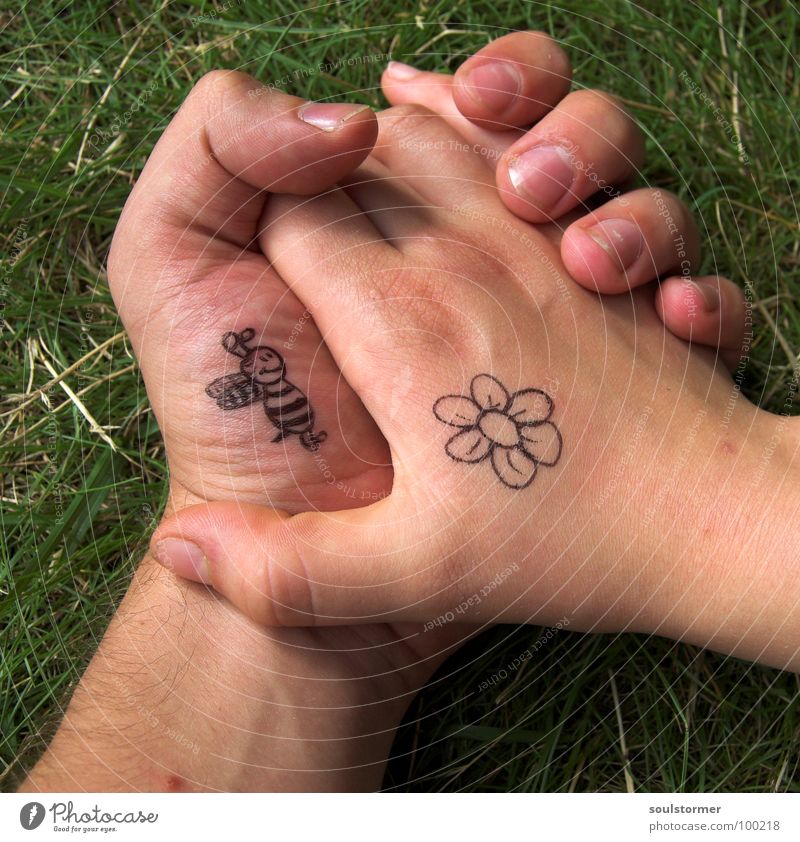 Bienchen und Blümchen pt3 Biene Blüte Hand Finger Daumen Hand in Hand gehen Liebe berühren Frühlingsgefühle Leidenschaft Blume Gras Grünpflanze Wiese Comic
