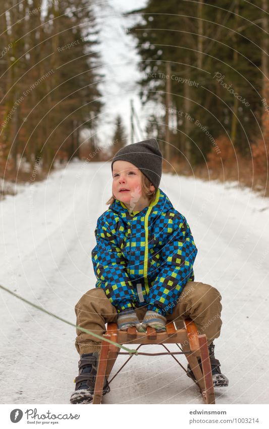 Schlittenfahrt, jippie Ausflug Winter Schnee Kind Junge Kindheit Gesicht 1 Mensch 3-8 Jahre Jacke Handschuhe Schuhe Mütze gebrauchen beobachten entdecken fahren