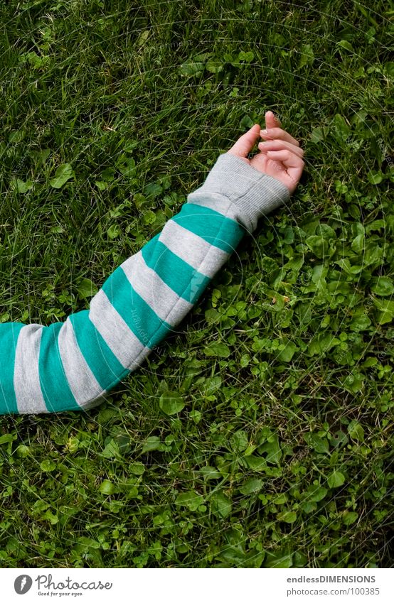 Der Arm Hand Wiese Gras Pullover Erholung grün türkis grau Bekleidung Sommer Arme liegen Gliedmaßen Körperteile Streifenpullover gestreift Pause