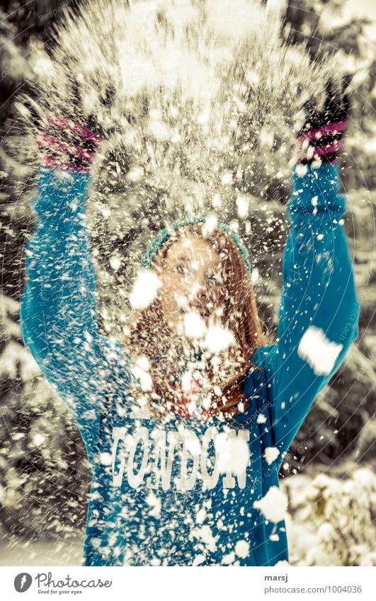 kalt | er Spaß Mensch feminin Junge Frau Jugendliche 1 13-18 Jahre Winter Schnee Schneefall werfen Freude Glück Zufriedenheit Lebensfreude Mut Winterspass