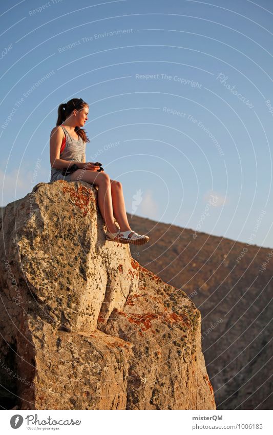 Auszeit. Mensch feminin 1 Abenteuer ästhetisch sitzen Gipfel Aussicht verträumt Fuerteventura Frau wandern Berge u. Gebirge Pause Sommerurlaub Jugendkultur