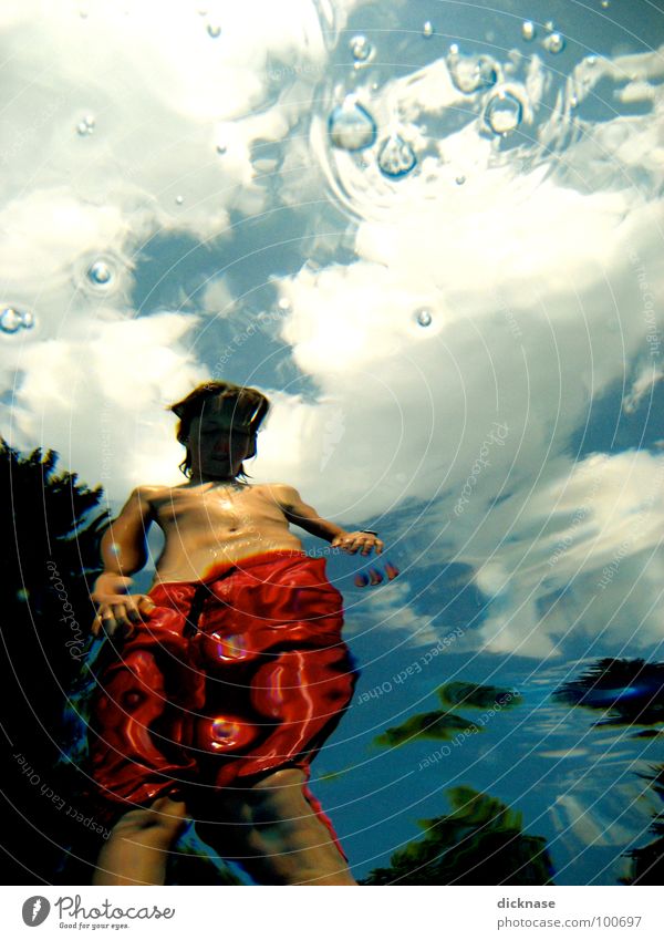My underwater point of view Schwimmbad Sommer Badehose rot Wolken Wasseroberfläche abstrakt Physik Schwimmen & Baden Maxl kleiner Max Himmel Unterwasseraufnahme