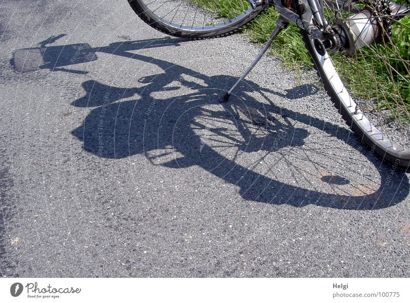 Fahrrad wirft seinen Schatten auf einen Asphaltweg stehen Fahrradtour Felge Ständer Korb Speichen Schattenspiel Pause Sommer Gras Straßenrand unterwegs Freude
