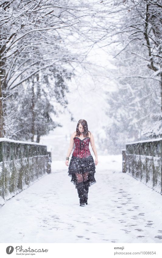 Schneerieseln feminin Junge Frau Jugendliche 1 Mensch 18-30 Jahre Erwachsene Umwelt Natur Winter Schneefall Mode Bekleidung außergewöhnlich kalt Erotik Emo-Punk