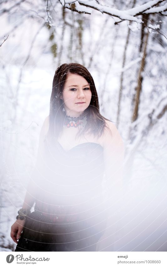 eingeschneit feminin Junge Frau Jugendliche 1 Mensch 18-30 Jahre Erwachsene Winter Schnee Schneefall kalt weiß Farbfoto Außenaufnahme Tag Unschärfe