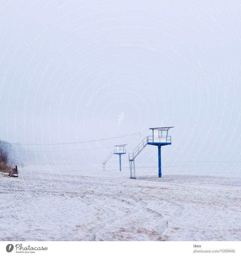 Wächter Umwelt Erde Sand Himmel Winter Nebel Schnee Küste Insel Usedom maritim blau Einsamkeit einzigartig Tourismus Wege & Pfade Frost Strand Außenaufnahme