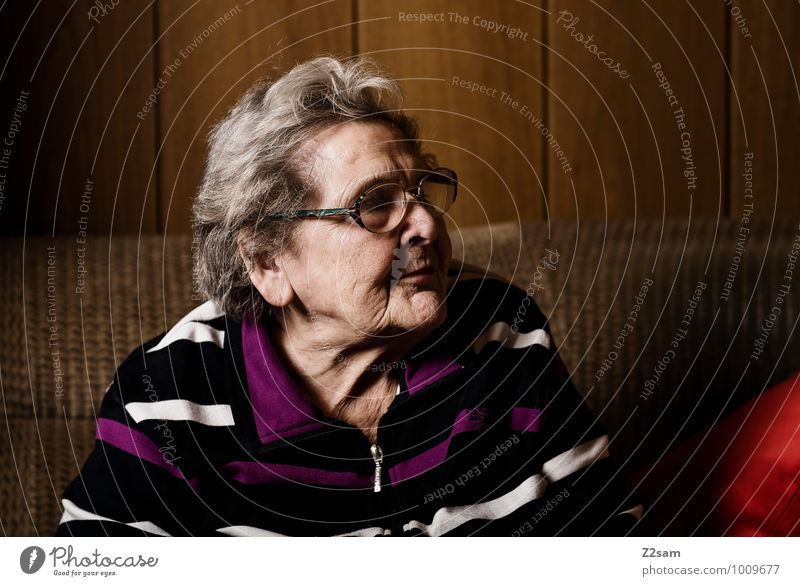 Oma Seniorenpflege Häusliches Leben Wohnung feminin Weiblicher Senior Frau Großmutter 60 und älter Pullover Brille schwarzhaarig alt Denken Erholung