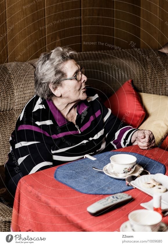 Kaffee und Kuchen Häusliches Leben Wohnung Raum Wohnzimmer feminin Weiblicher Senior Frau Großmutter 60 und älter Pullover Brille weißhaarig alt Denken sprechen