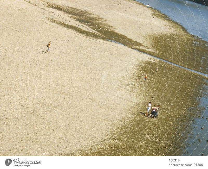 BEACH PARTY HUMANS Strand Küste Meer See Suche Kinderwagen schieben Zerreißen drücken Spielen Spaziergang Mann Einsamkeit abgelegen Menschenleer Einsiedler