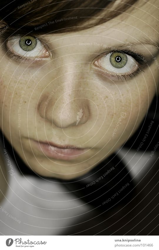 untitled Schminke Junge Frau Jugendliche Erwachsene Auge Mund grün Sommersprossen fixieren Kreis Porträt Blick Blick in die Kamera Haut Gesicht brünett
