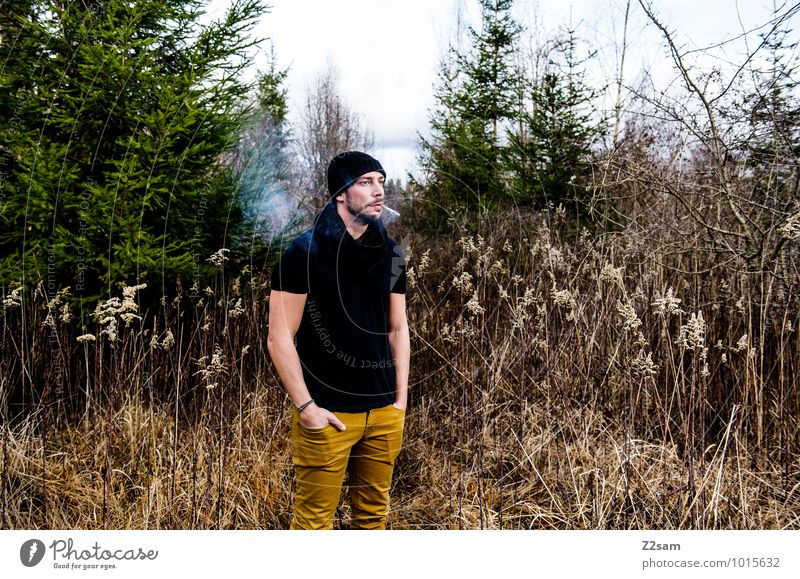 Herbst im Winter Lifestyle elegant Stil maskulin Junger Mann Jugendliche 30-45 Jahre Erwachsene Umwelt Natur Landschaft Baum Sträucher Urwald T-Shirt Mütze