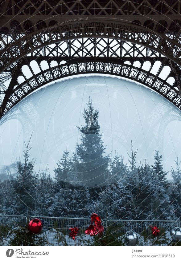 Pariser Winter Tanne Tour d'Eiffel Kugel groß grau rot schwarz silber kalt Farbfoto Gedeckte Farben Außenaufnahme Detailaufnahme Menschenleer Tag Kontrast