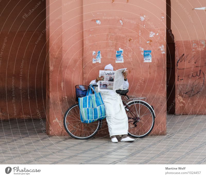 reading Mensch maskulin Mann Erwachsene 1 Marrakesch Marokko Afrika Mauer Wand Fassade Fahrrad lesen warten Gelassenheit Djemaa el-Fna El Ksour Arabien Zeitung