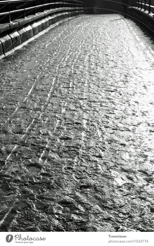 Uffbasse! feminin 1 Mensch Umwelt Winter Eis Frost Wege & Pfade Brücke Fußspur Linie gehen ästhetisch dunkel glänzend grau schwarz weiß Gefühle bedrohlich