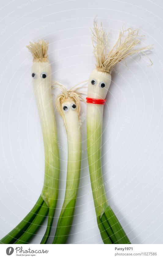Schalotten mit aufgeklebten Kulleraugen stellt Eltern mit Kind dar Gemüse Zwiebel Familie & Verwandtschaft grün weiß Sicherheit Geborgenheit Sympathie
