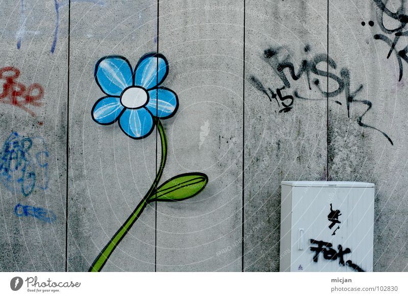 Mauer Flower Blume Gemälde gemalt gezeichnet Wand Spray mehrfarbig Kunst Straßenkunst Furche rot grün Stadt Schmiererei Kindergarten kindisch simpel schick