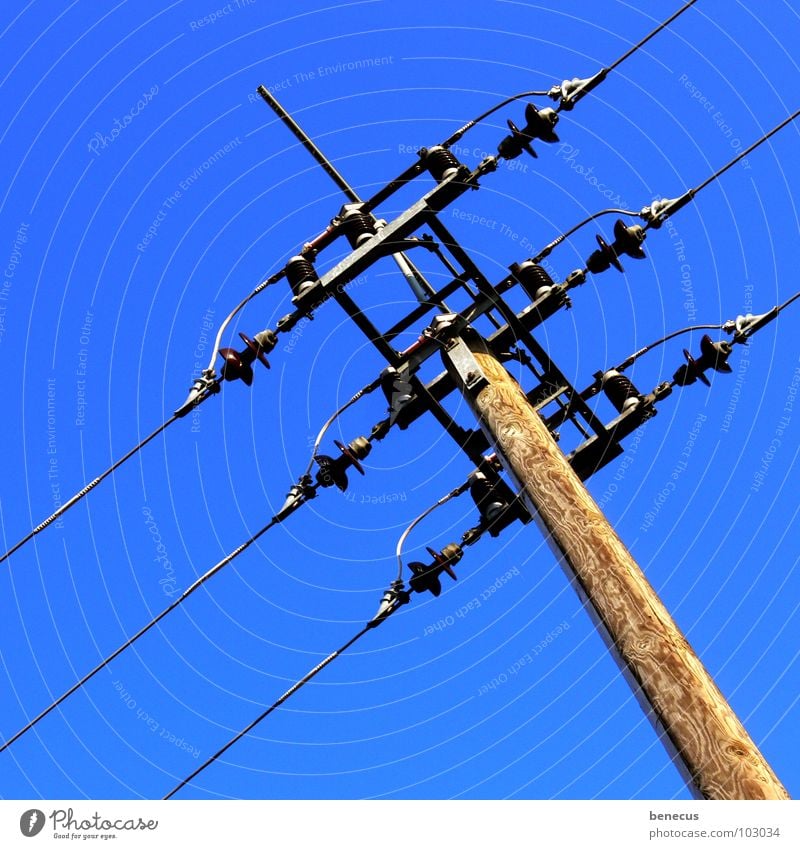 Connection Elektrizität Strommast Draht Drahtseil Holz Blick nach oben elektrisch Elektrisches Gerät Infrastruktur Unendlichkeit Technik & Technologie Kabel