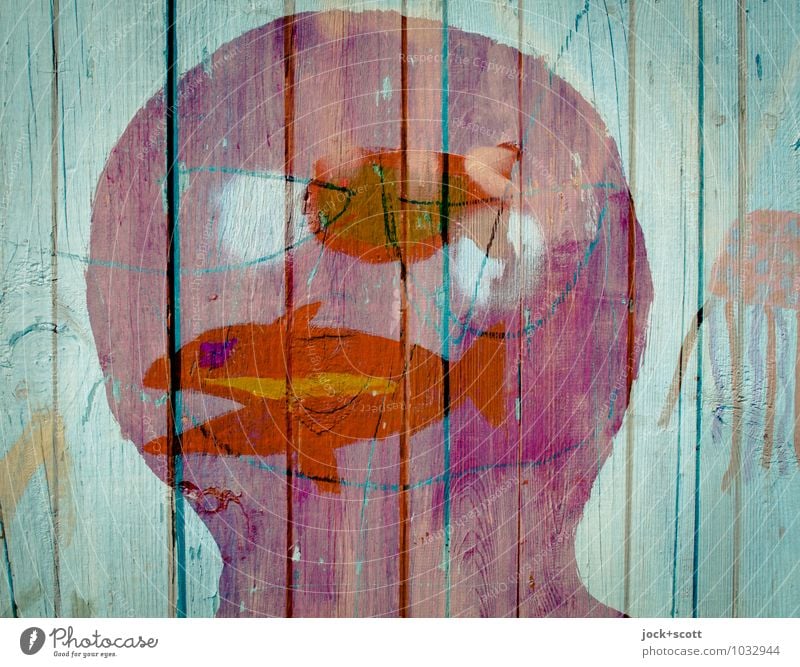 Fisch im Kopf Kunst Straßenkunst Holzzaun Piktogramm Denken träumen Fröhlichkeit Stimmung Einigkeit Kreativität skurril Surrealismus Irritation Doppelbelichtung