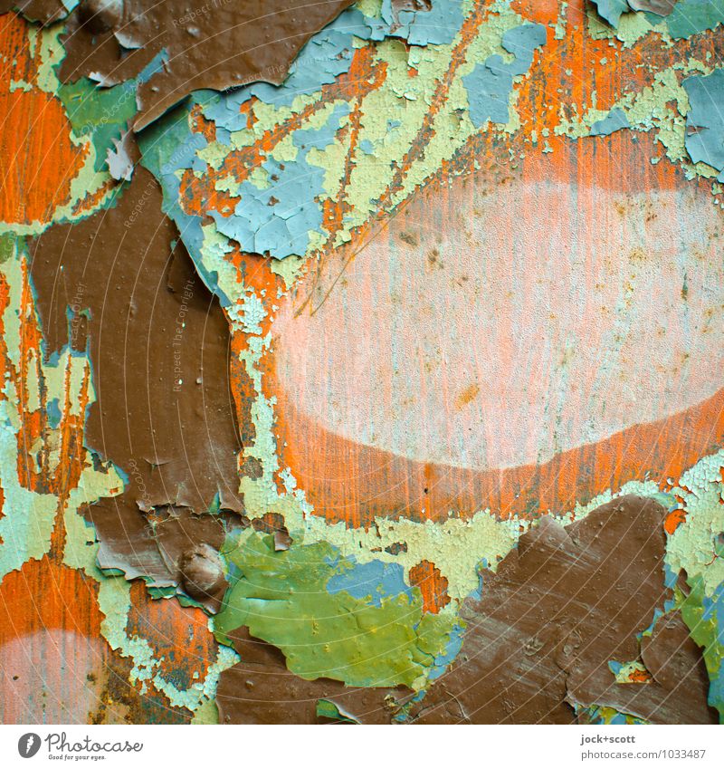 Farbpalette in Schichten Lack Holz Maserung Kratzer alt kaputt viele blau braun grün orange Einigkeit Endzeitstimmung Vergangenheit Vergänglichkeit Zerstörung