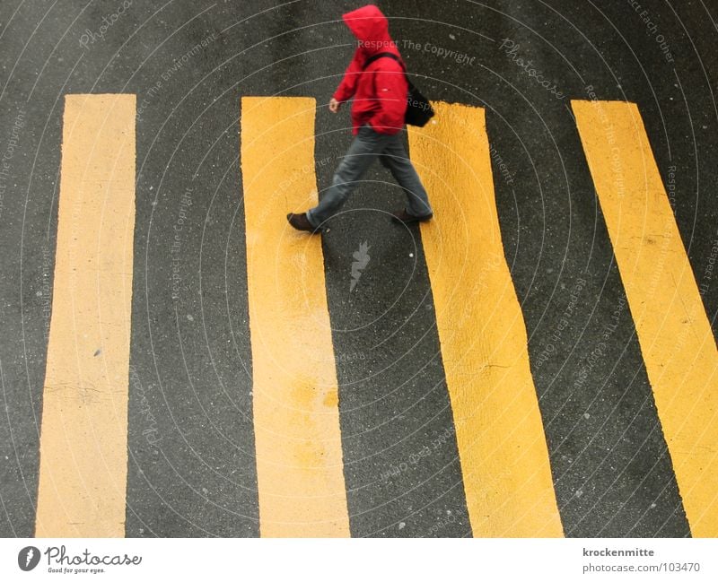 zur alten Grossmutter Zebrastreifen Fußgänger gelb Asphalt Verkehr Stadt gehen Überqueren betoniert Teer Streifen nass Regen rot Kapuze Tasche Verkehrswege