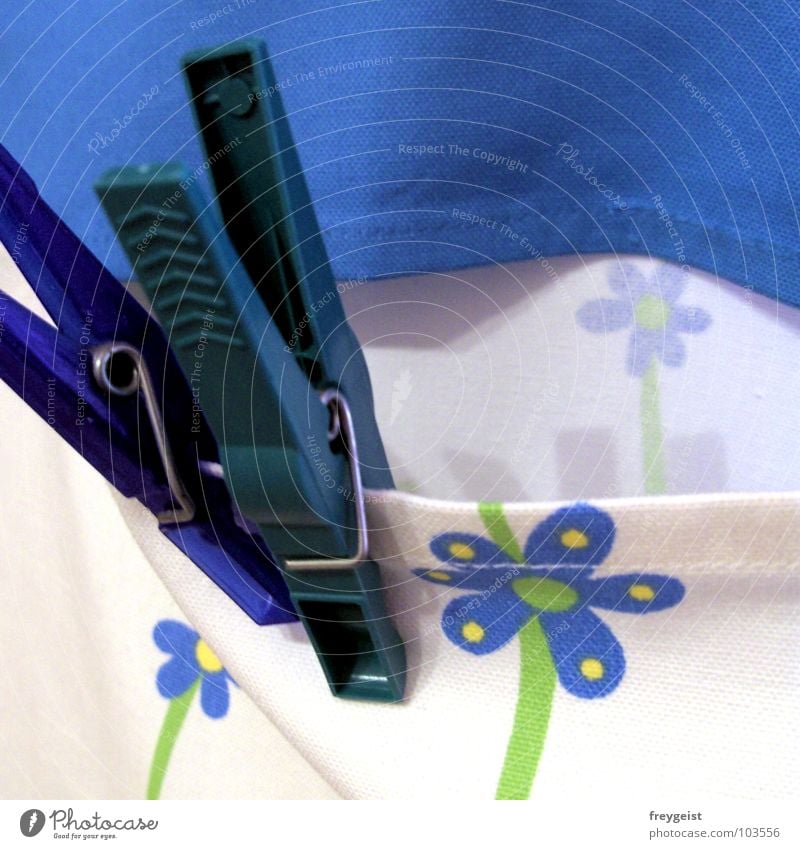 Klammer nicht Wäscheklammern Wäscheleine Bekleidung grün Waschtag Detailaufnahme festhalten Seil blau Makroaufnahme Wäsche waschen
