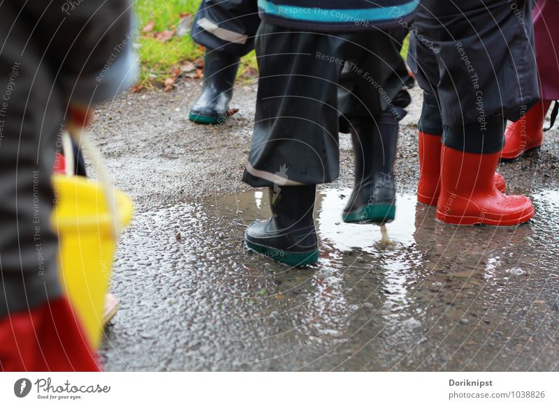 Spaß im Regen Freude Spielen Kindergarten Mensch Kleinkind Kindheit Leben Beine Kindergruppe 1-3 Jahre Wasser Herbst schlechtes Wetter Dorf Regenhose