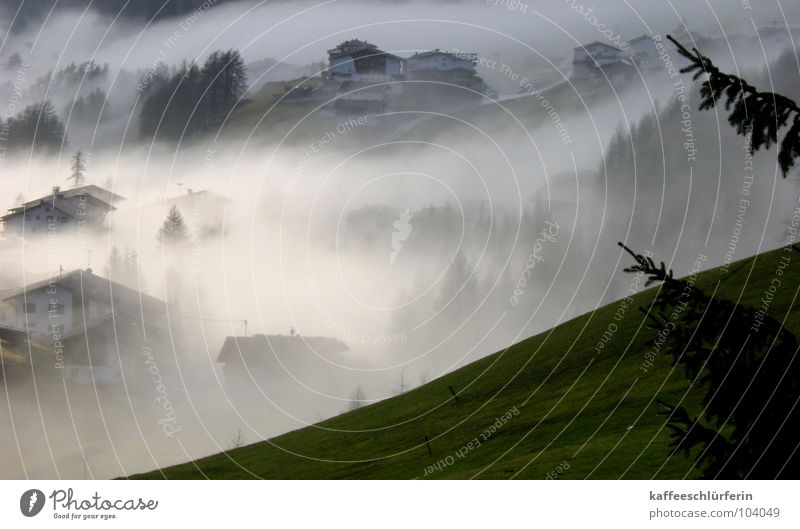 Mr. Fog Nebel Nebelbank Hügel Dorf weiß grün Haus ruhig geheimnisvoll zudecken Berge u. Gebirge Tal friedlich