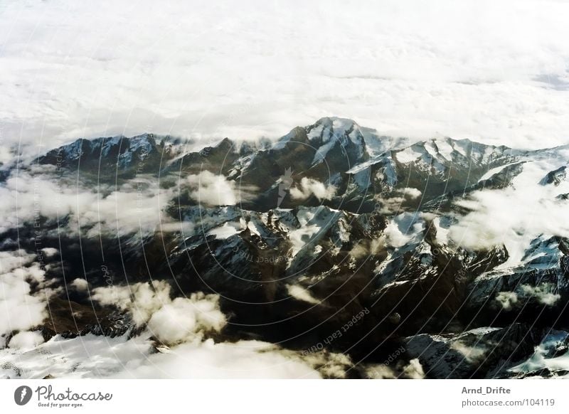 Alpen Vogelperspektive Luftaufnahme Flugzeug Gletscher Wolken schlechtes Wetter Wolkendecke fliegen Winter Berge u. Gebirge Schweiz Eis Himmel Landschaft Stein