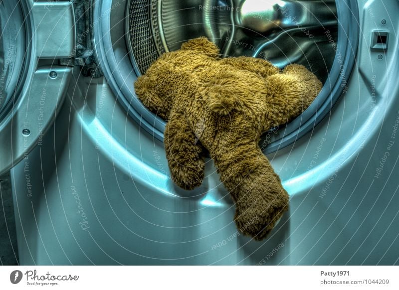 Der letzte Waschgang Teddybär Stofftiere Waschmaschine Wäschetrommel hängen kuschlig Traurigkeit Verzweiflung HDR Klettern einsteigen Wäsche waschen Selbstmord