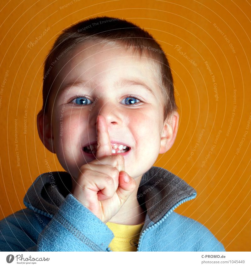 Junge mit strahlenden Augen hält Finger vor Mund Kind Kopf 1 Mensch 1-3 Jahre Kleinkind 3-8 Jahre Kindheit Pullover blau gelb Verschwiegenheit diszipliniert