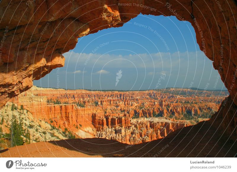 Durchblick Natur Landschaft Himmel Horizont Schönes Wetter Baum Felsen Berge u. Gebirge Schlucht Brice Canyon Wüste Felsbogen Erosion Nationalpark Höhle USA