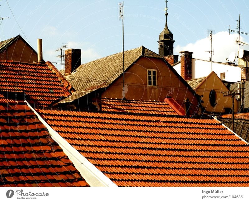 Die Dächer Tschechiens Dach Stadt Haus Fenster Aussicht Horizont Amerika Himmel Blick Turm
