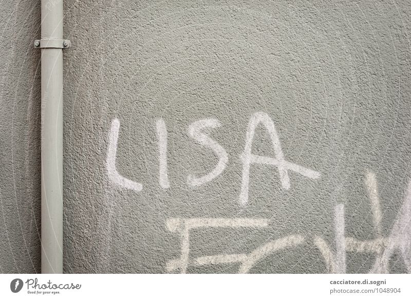 Lisa Kunstwerk Mauer Wand Rohrleitung Röhren Fallrohr Regenrohr Schriftzeichen Graffiti einfach feminin grau weiß Lebensfreude Verliebtheit Ausdauer Langeweile