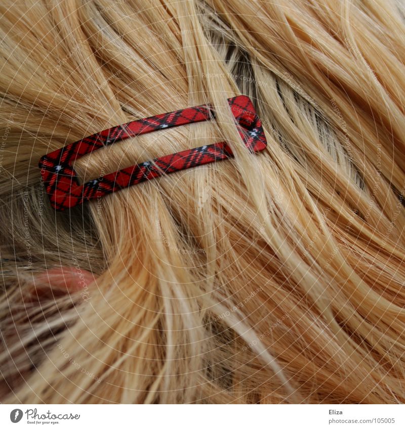 blonde Haare mit einer Haarspange im Schottenmuster frisur Spange Muster kariert Schottland Haarschmuck Mensch Haarsträhne rot schick Mädchen Quadrat schön