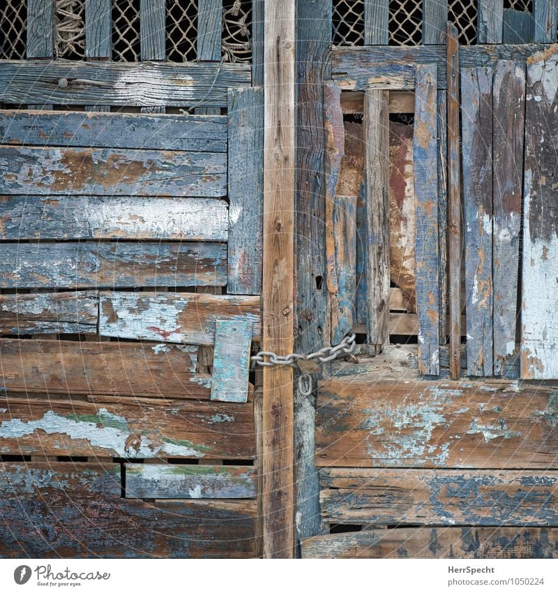 Sicherheit Tür Holz Metall alt ästhetisch authentisch außergewöhnlich blau braun Holztür Tor Holztor Kette Vorhängeschloss Recycling Holzbrett bemalt Farbrest