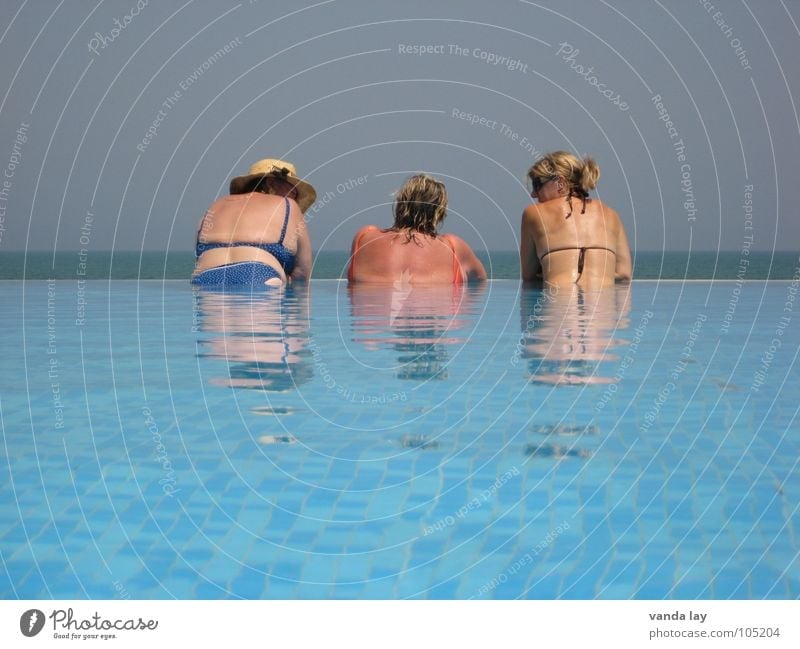 Drei Damen vom Grill Frau alt Sonnenbad braun sprechen Zusammensein Meer Schwimmbad Sommer Ferien & Urlaub & Reisen Bikini Badeanzug Erholung Wellness Küste
