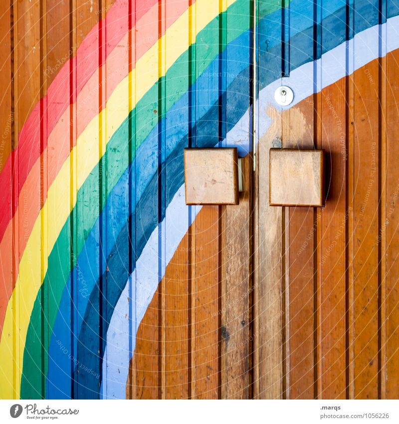 Frühlingsanfang Eingangstür Tür Regenbogen Zeichen Graffiti schön mehrfarbig Gefühle Frühlingsgefühle Beginn Farbe Religion & Glaube Zukunft Paradies Farbfoto