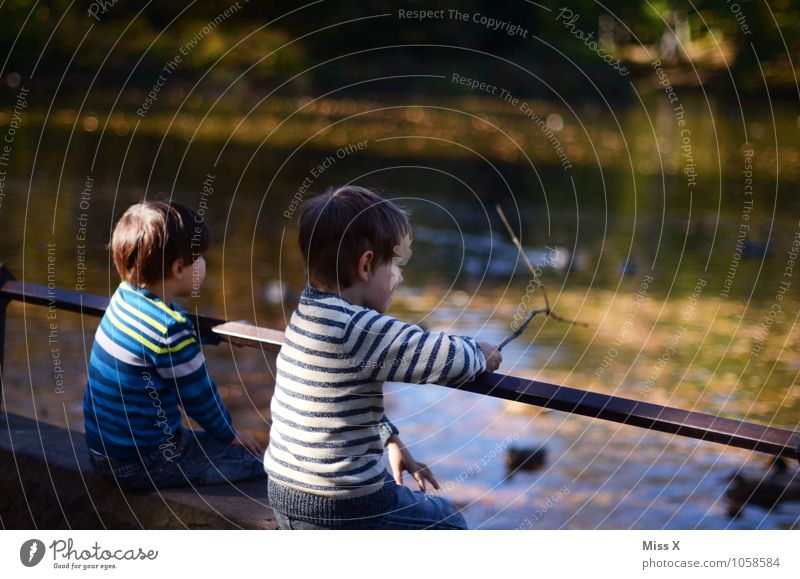 Herbsttag Mensch Kind Kleinkind Geschwister Freundschaft 3-8 Jahre Kindheit Park Teich See herbstlich Farbfoto Außenaufnahme Textfreiraum rechts