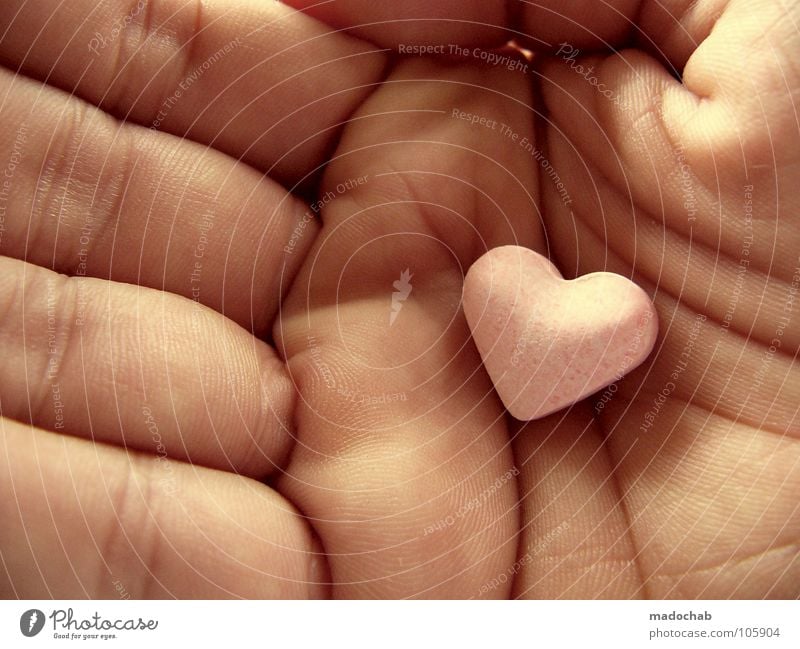 Liebesgruß: Herz in der Hand als Liebeserklärung und Zeichen der Liebe oder Geschenk zum Valentinstag Bonbon herzförmig Nahaufnahme Zentralperspektive süß