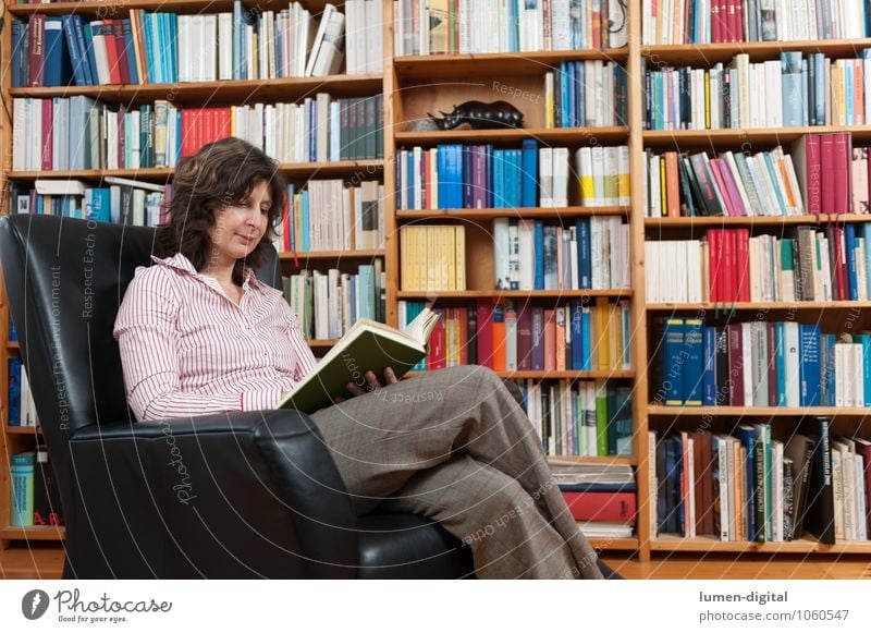 Lesende Frau im Sessel sitzend Erholung lesen Bildung Erwachsene 1 Mensch 30-45 Jahre Printmedien Buch Bibliothek Häusliches Leben ansehen Bilderbuch