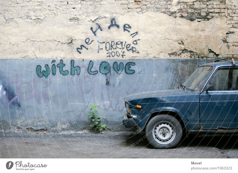 Backyard with Love Ausflug Abenteuer Pflanze Grünpflanze Moskau Russland Stadt Mauer Wand Fassade Fahrzeug PKW Oldtimer Zeichen Schriftzeichen alt