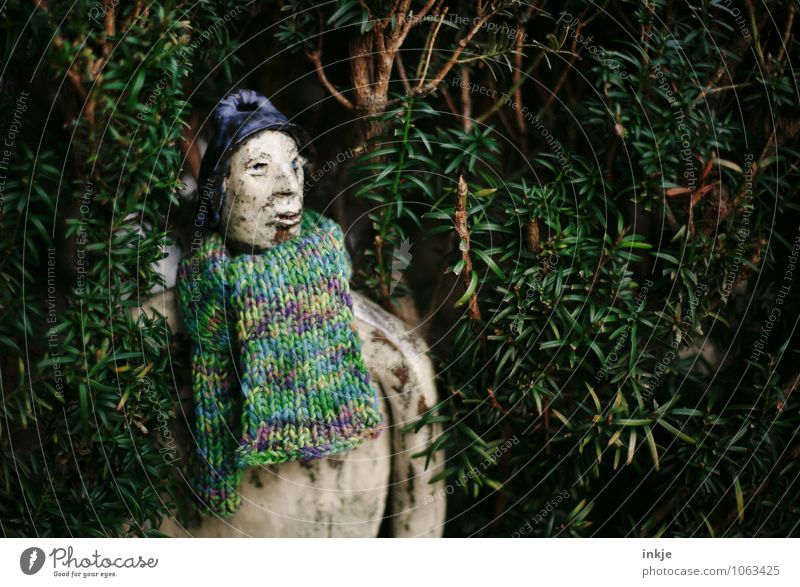 Dorothea aus der Eibe Handarbeit stricken Herbst Winter Grünpflanze Schal Mütze Figur Ton getöpfert Blick entdecken geheimnisvoll verborgen herausschauen