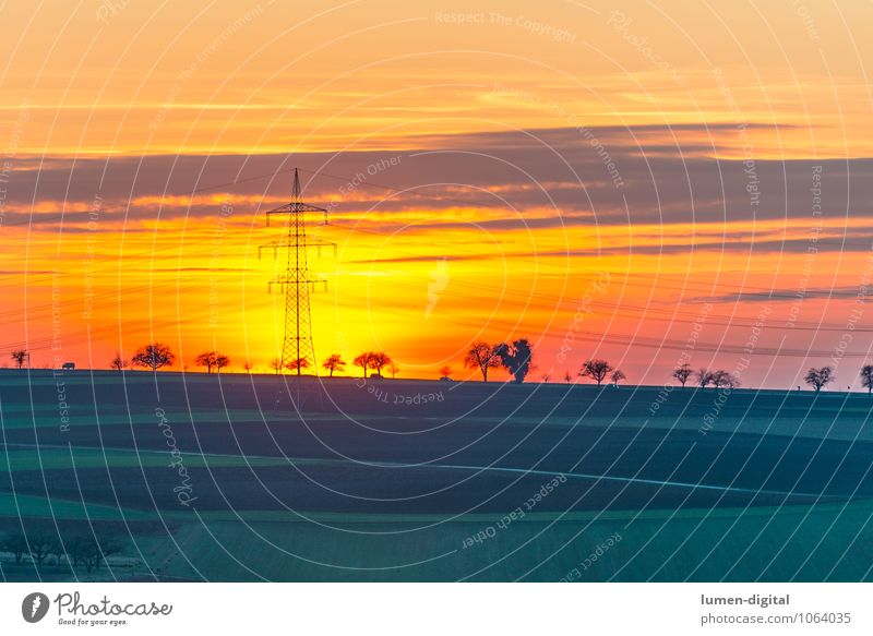 Landschaft mit Strommast Energiewirtschaft Wolken Horizont Sonnenaufgang Sonnenuntergang Baum Feld grün rot Baumreihe energie golden orange Beleuchtung