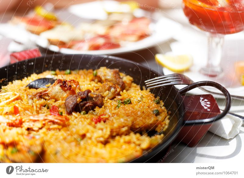 Spanish Food III Lebensmittel Fleisch Fisch Meeresfrüchte Gemüse Ernährung Mittagessen Slowfood ästhetisch Paella Spanien Mallorca lecker Pfanne Tisch Farbfoto