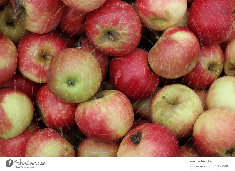 Apfel Frucht frisch Gesundheit lecker schön gelb rot Markt Farbfoto mehrfarbig Außenaufnahme Nahaufnahme Schwache Tiefenschärfe