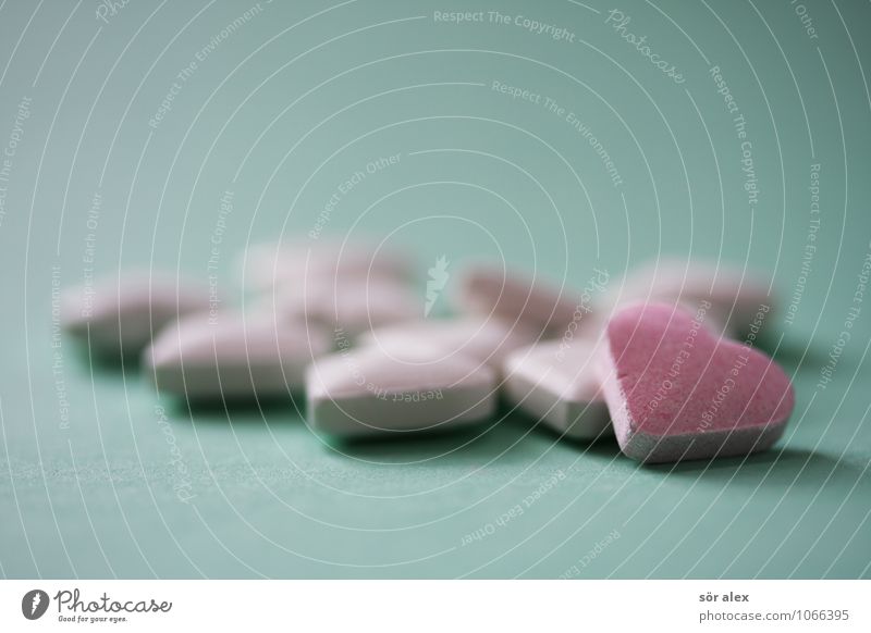 elf herzchen Süßwaren Bonbon Ernährung grün rosa weiß herzförmig Herz Innenaufnahme Makroaufnahme Menschenleer Textfreiraum links Textfreiraum rechts