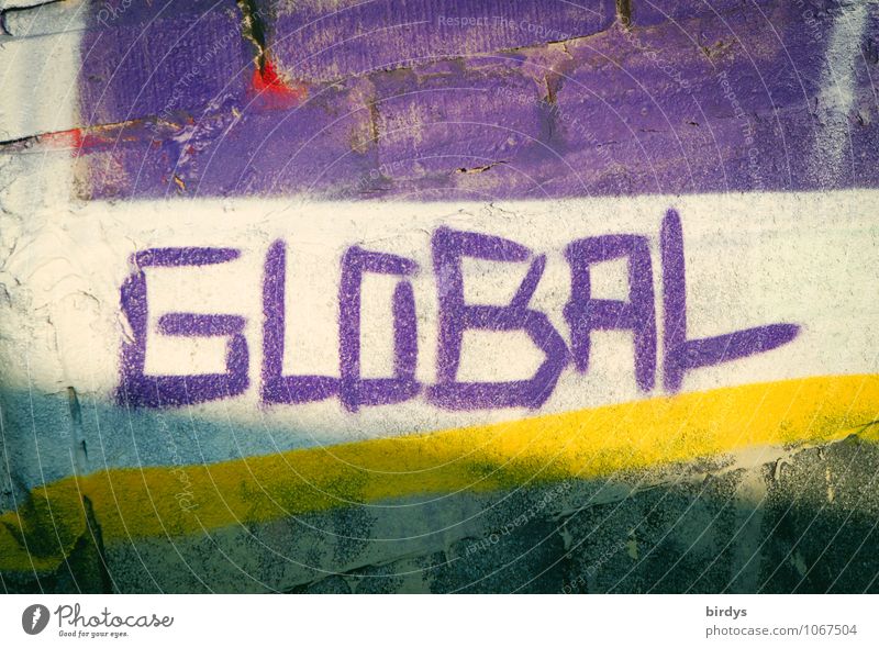 Global, Schrift auf Wand, Grafitti Schriftzeichen Graffiti Unendlichkeit positiv gelb violett weiß Leben Business Farbe Fortschritt Horizont Klima Kommunizieren