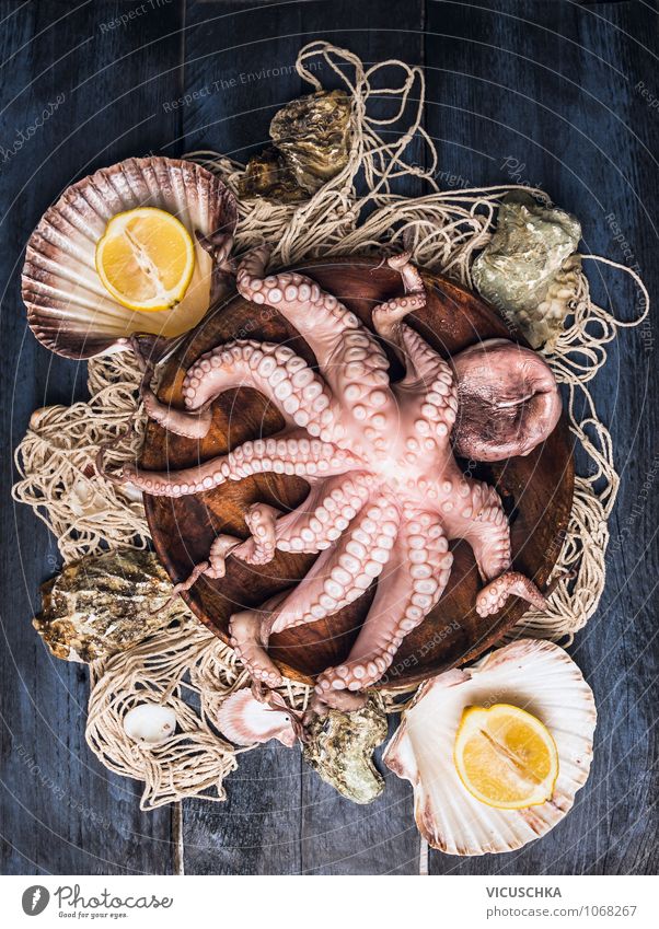 Octopus in Holzschüssel auf Fischernetz Lebensmittel Meeresfrüchte Frucht Ernährung Abendessen Bioprodukte Vegetarische Ernährung Diät Schalen & Schüsseln Stil