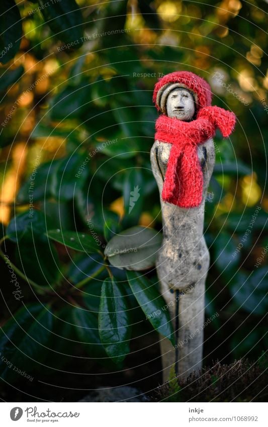 Jorinde Garten Dekoration & Verzierung Skulptur Herbst Winter Pflanze Schal Mütze Figur stehen rot Gefühle ästhetisch Klima Kreativität Farbfoto Außenaufnahme