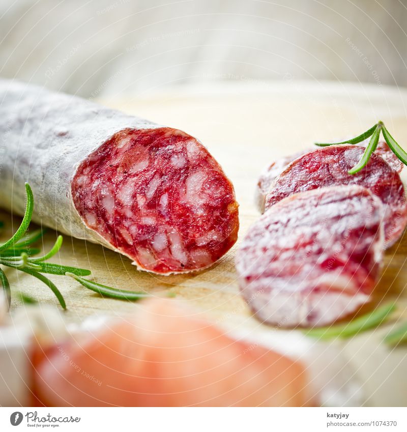 Salami Schinken Wurstwaren Rosmarin hart Frühstück Speck Parmaschinken Schweinefleisch Fett Fleisch aufgeschnitten Italien Italienische Küche Kräuter & Gewürze